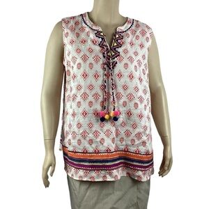 Chelsea & Theodore Linen Top Size 2X White Red Print